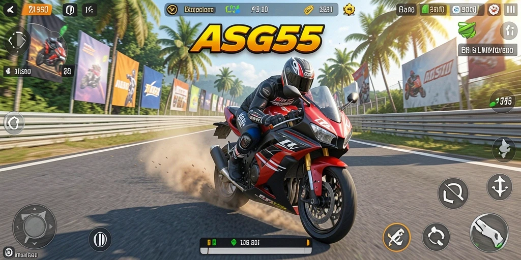 Tampilan gameplay ASG55 dengan aksi balap motor yang cepat dan seru.