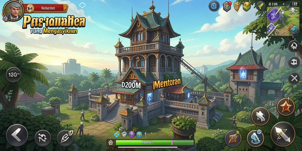 Screenshot gameplay D200M menampilkan pertempuran seru Tower Defense.