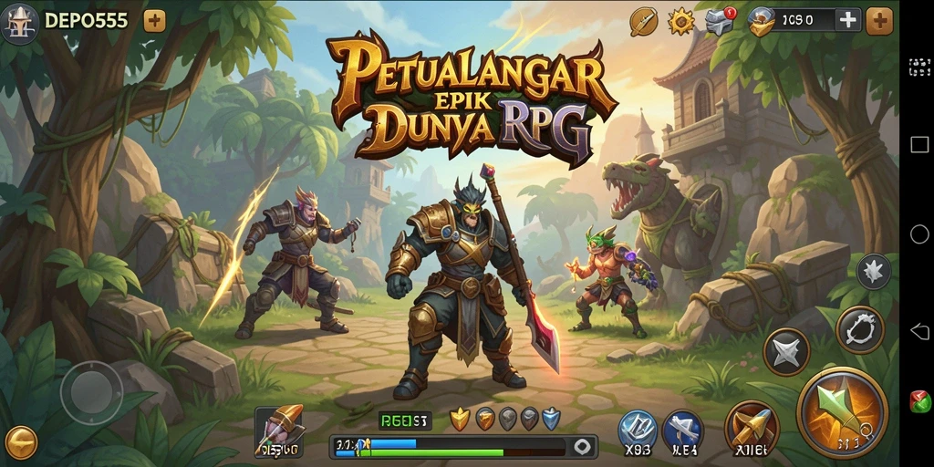 Screenshot gameplay DEPO555 menampilkan pertarungan epik karakter dalam dunia RPG.