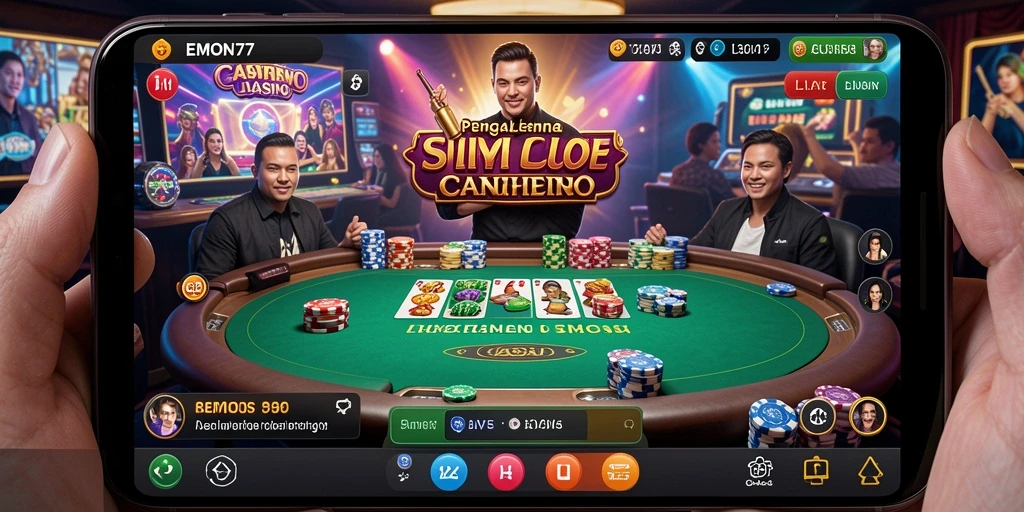 Screenshot gameplay EMON77 menampilkan dealer langsung dan suasana kasino yang mendebarkan.