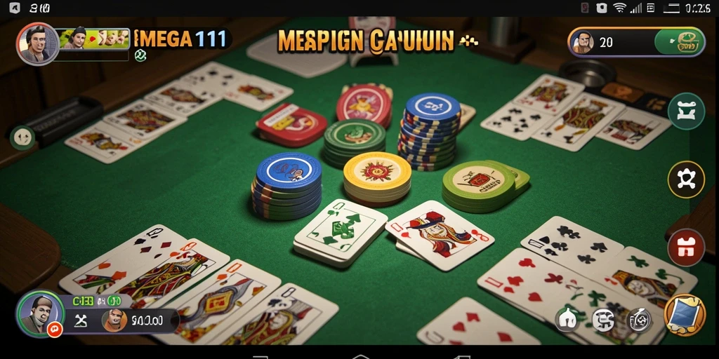 Screenshot gameplay MEGA111 menampilkan suasana permainan Gaple yang seru.