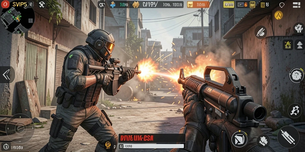Screenshot gameplay SVIP5 menunjukkan aksi tembak-menembak yang mendebarkan.