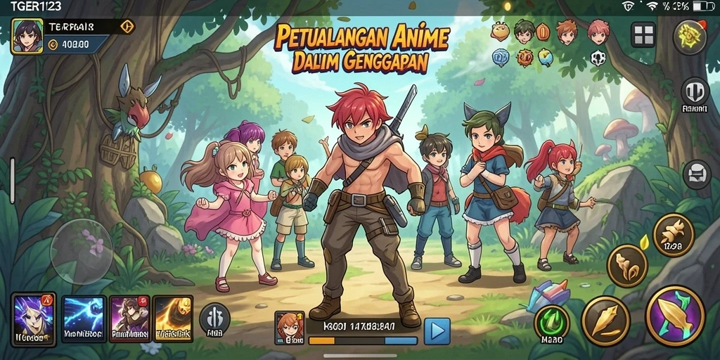 Screenshot utama TGER123 menampilkan aksi pertempuran yang seru dalam grafik anime.
