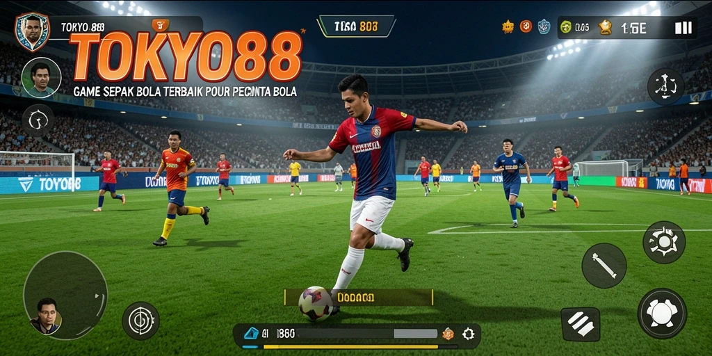 Screenshot gameplay TOKYO88 menampilkan aksi seru di lapangan sepak bola.